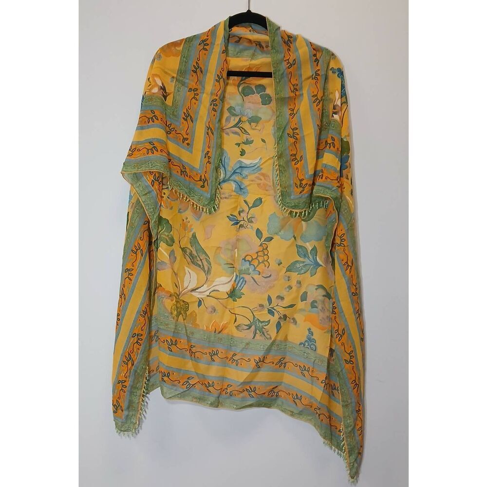 Handmade print square scarf mustard yellow floral art collectible beaded womens